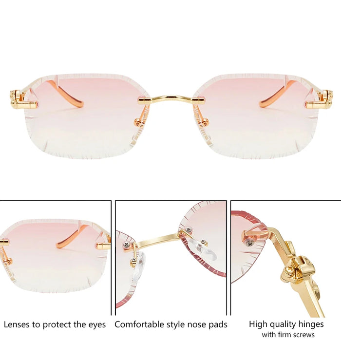 Petites lunettes de soleil rectangulaires punk sans monture homme 2026, monture léopard de luxe sans bords, verres découpés, style rétro, monture métal doré