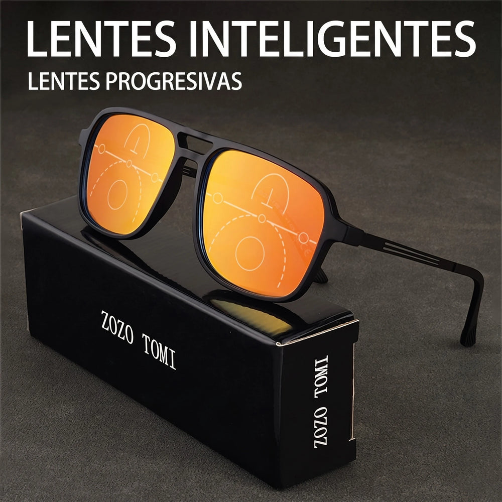 Progressive Multifocal Reading Glasses Intelligent Zoom Anti Blue Light Eyewear Alloy Temples Square Clear/Red Coating Glasses