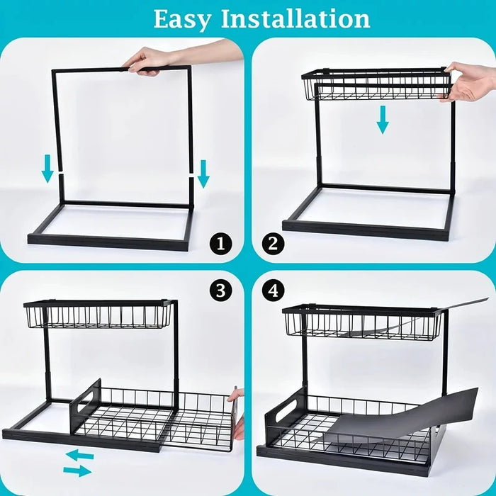 Expandable Double Layer Pull Out Under Sink Organizer Basket Kitchen Cabinet Storage Space Organization Tool