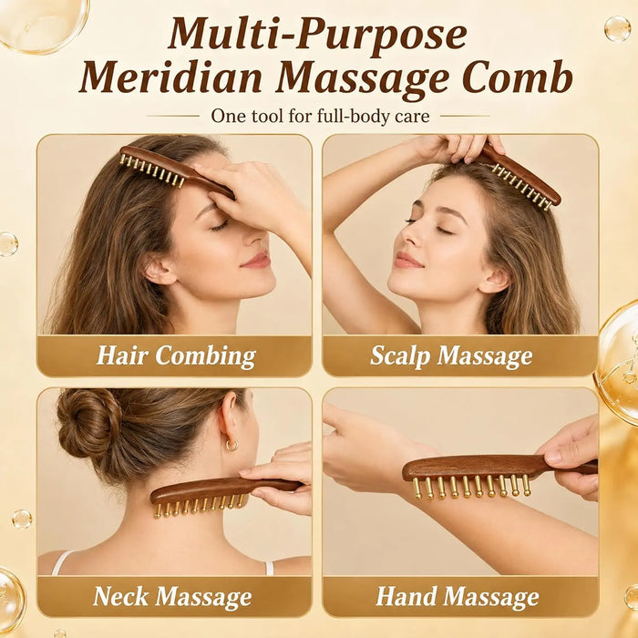 Sandalwood Copper Bead 10 Tooth Scalp Massage Comb and Acupressure Face Massager for Jaw Tension Relief Facial & Neck Relaxation