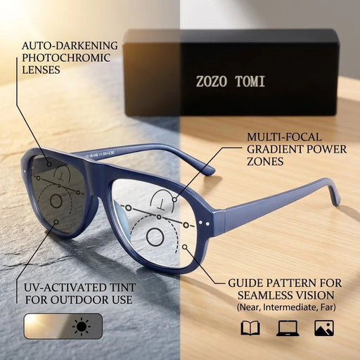 Gafas de lectura progresivas multifocales para hombre y mujer, ovaladas, fotocromáticas, presbicia, con remaches clásicos, antiluz azul, dioptrías