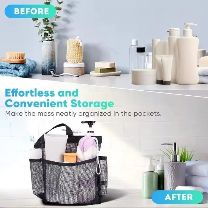 Bolsa de almacenamiento portátil de malla, organizador de ducha colgante para artículos de tocador y baño. Gran capacidad para playa, piscina, gimnasio y viajes.