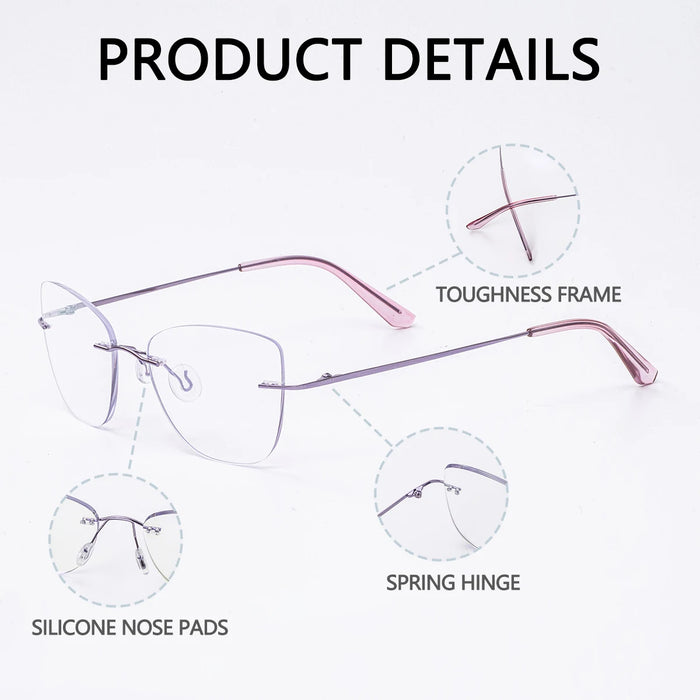 Gafas de lectura multifocales progresivas para mujer sin montura, antiluz azul, presbicia, gafas de lujo con corte de borde morado y rosa