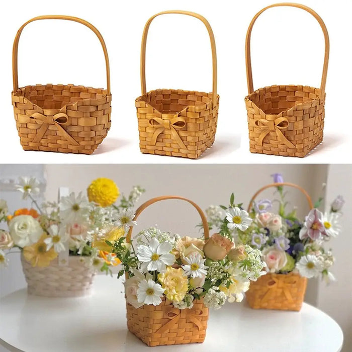 Willow Rattan Bride Flower Basket Picnic Container with Handle Bowknot Flower Basket Hand-Woven Picnic Weaving Basket