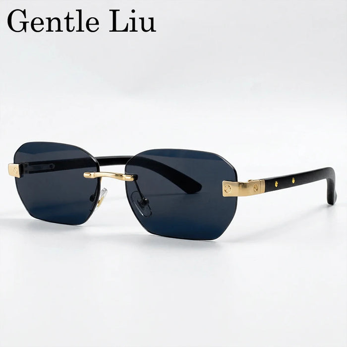 Gafas de sol pequeñas cuadradas sin montura para hombre 2026, de lujo, de diseñador, vintage, poligonales, rectangulares, con montura metálica dorada, estilo retro