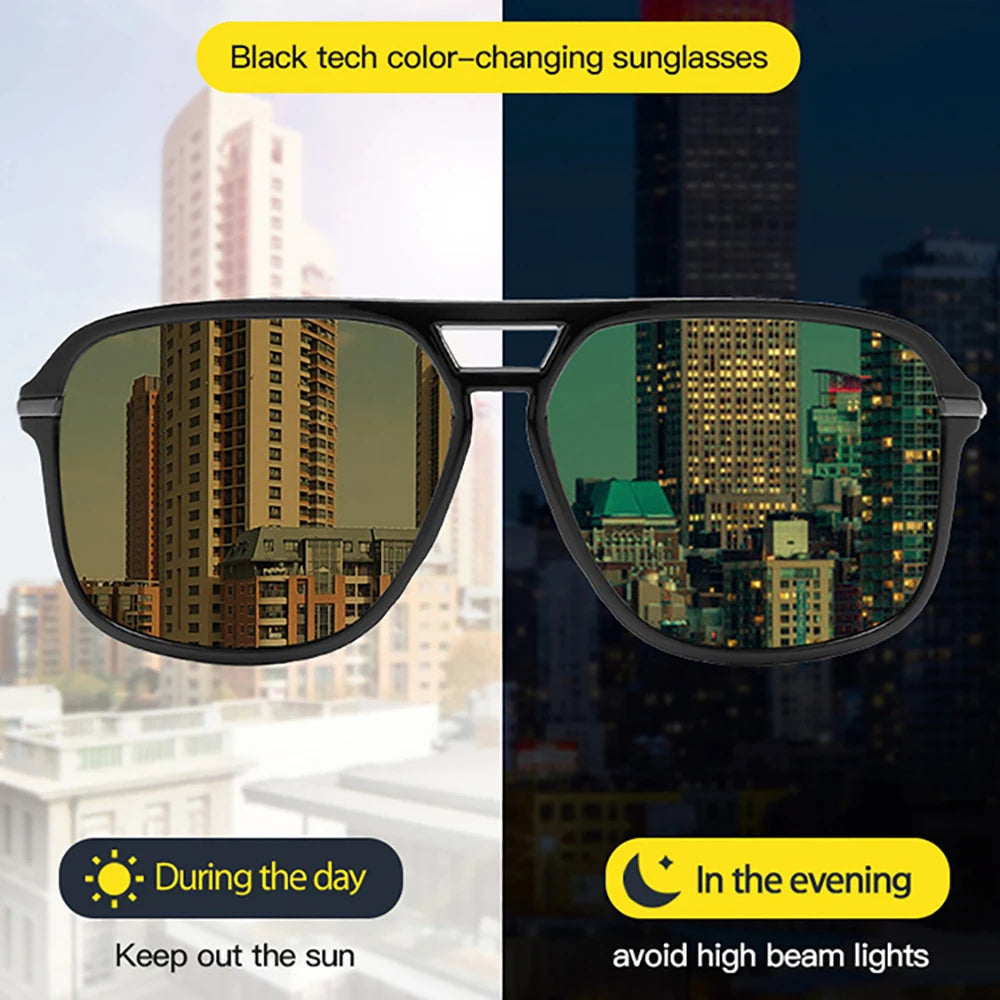 VIVIBEE Gafas de visión nocturna polarizadas amarillas retro cuadradas grandes fotocromáticas para hombre, gafas de sol de moda para conducir para mujer