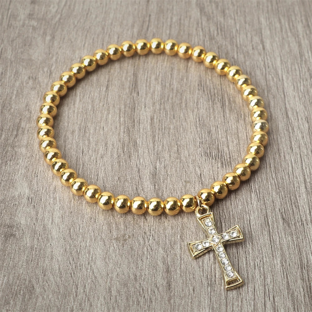 5mm Copper Beaded Bracelets With Alloy Cross Pendant Bangles Fashion Women Elastic Rope Wristbands Men Energy Yoga Jewelry Gifts
