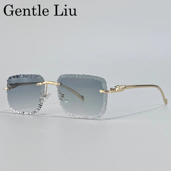 Gafas de sol de moda cuadradas sin montura estilo punk para hombre 2025 de marca de lujo con borde cortado sin marco gafas de sol para hombre con cabeza de leopardo