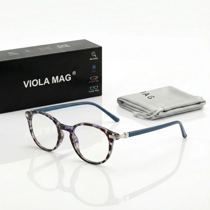 VIOLA MAG Retro Contrasting Round Frame Reading Glasses, Ultra Light Anti Slip Commuting Reading Daily, with Storage Bag