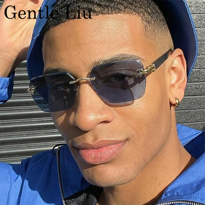Rimless Square Men Sunglasses 2026 Luxury Polygon Photochromic Sun Glasses Male Driving Shades Punk Cut Lenses Frameless Eyewear