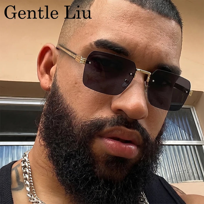 Rimless Square Punk Sunglasses Men 2026 Luxury Brand Designer Vintage Hip Hop Sun Glasses Cut Edge Eyewear Fashion Driving Shade