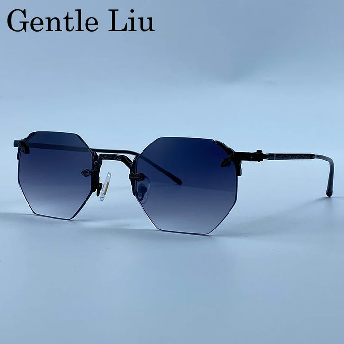 Vintage Rimless Octagon Sunglasses Men 2026 Luxury Designer Steampunk Gold Metal Frame Sun Glasses Retro Hip Hop Frameless Shade