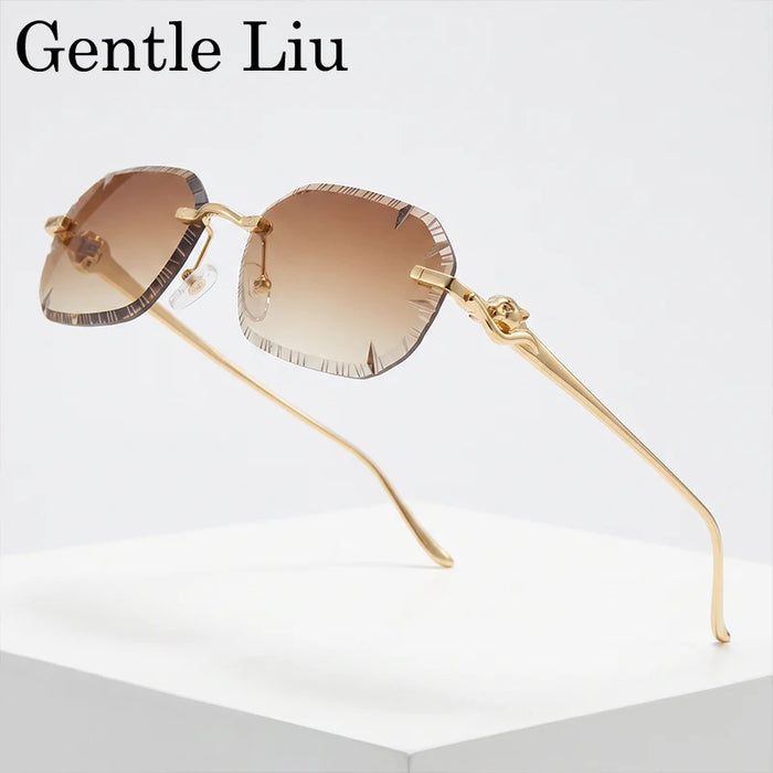 Petites lunettes de soleil rectangulaires punk sans monture homme 2026, monture léopard de luxe sans bords, verres découpés, style rétro, monture métal doré