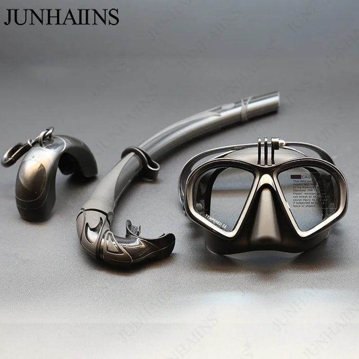 Wet Low Volume Diving Mask Tempered Glass Freedive Mask J-type Diving Mask Snorkel Set with Camera Mount Black