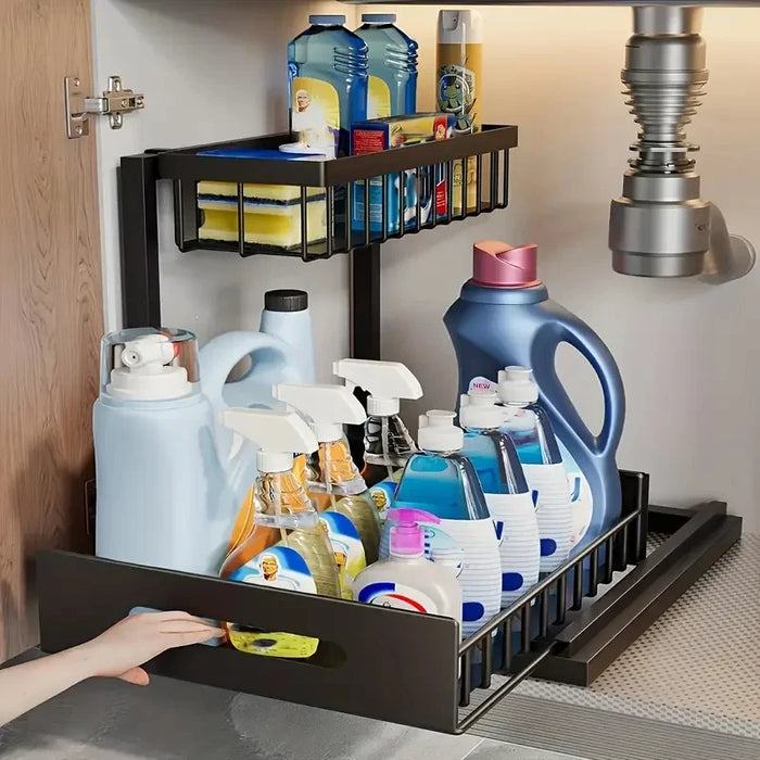 Expandable Double Layer Pull Out Under Sink Organizer Basket Kitchen Cabinet Storage Space Organization Tool