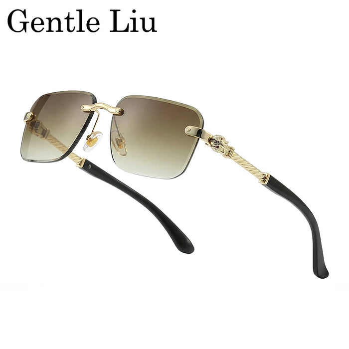 Gafas de sol fotocromáticas sin montura vintage para hombre 2026, de diseñador de lujo, cuadradas, sin montura, con cabeza de leopardo, gafas de sol para conducir, con sombra.