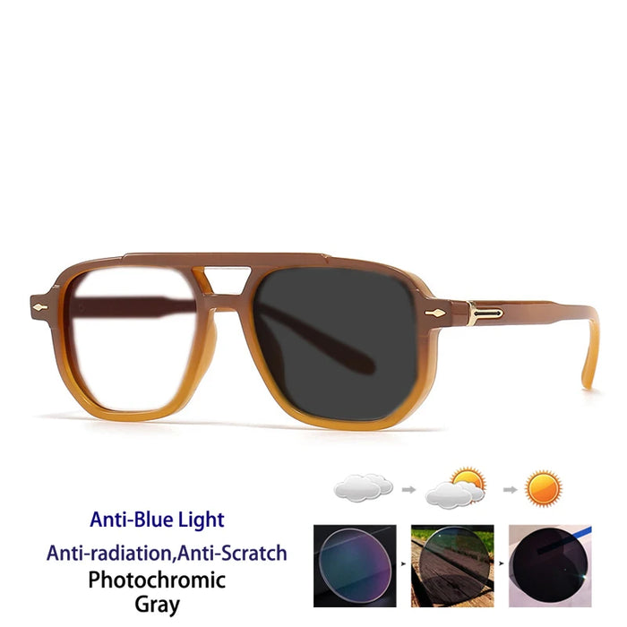 New Fashion Double Beam Anti Blue Light Photochromic Presbyopia Glasses for Women and Men Retro Brand Design Presbyopia Glasses