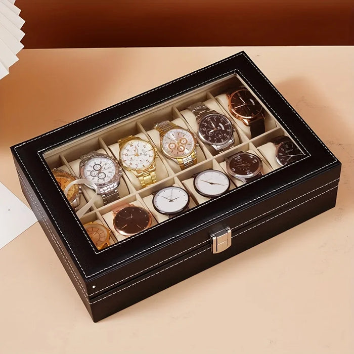 Estuche expositor de relojes de cuero sintético con 12 ranuras, organizador de relojes de 1 pieza con cerradura y almohadas extraíbles para hombres, regalo de viaje