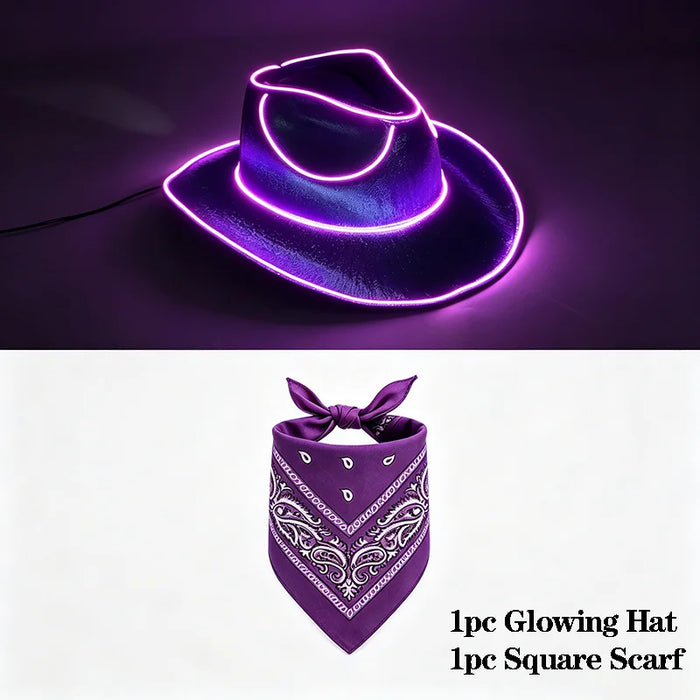 Juego de sombrero de vaquero que brilla con alambre EL, pañuelo cuadrado, luz de neón, sombrero para mujeres y hombres, fiesta de Halloween, disfraz de cosplay