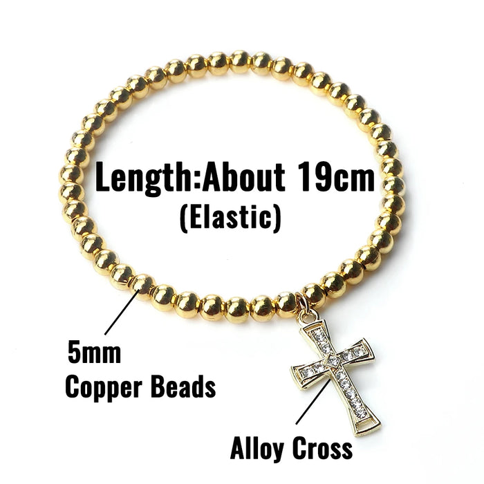 5mm Copper Beaded Bracelets With Alloy Cross Pendant Bangles Fashion Women Elastic Rope Wristbands Men Energy Yoga Jewelry Gifts