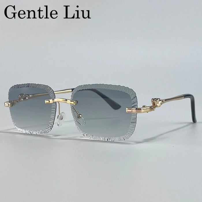 Rimless Square Sunglasses Men 2026 Luxury Brand Cut Edge Eyewear Trendy Leopard Head Sunglass For Male Punk Metal Frame Shades