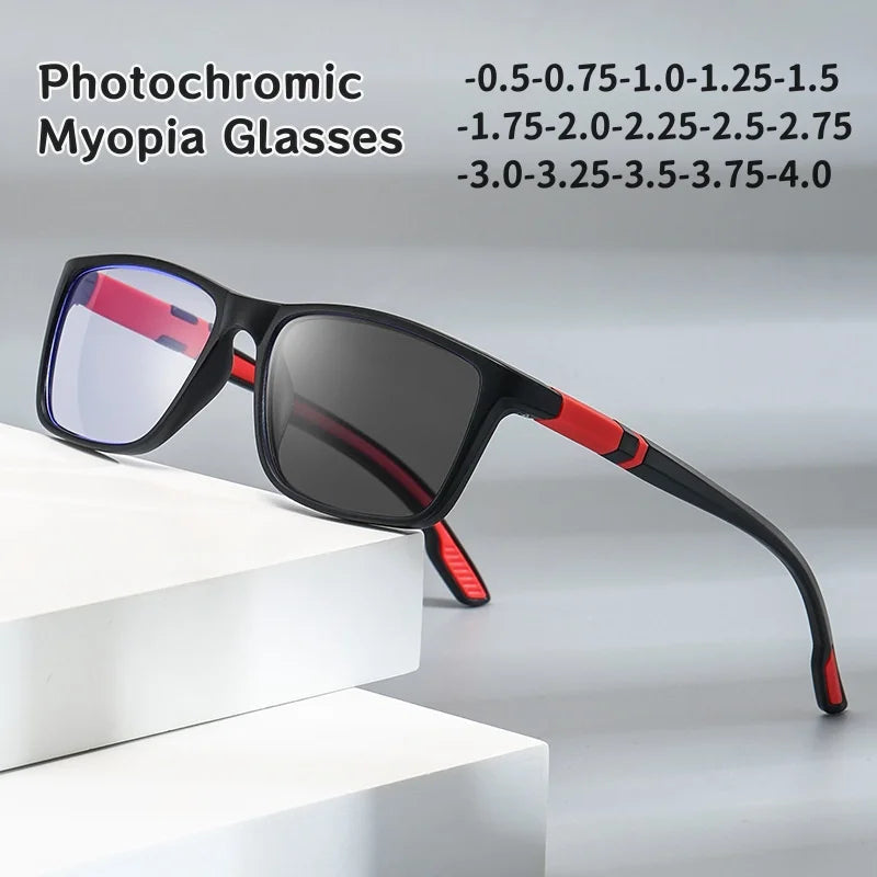 -0.5 -0.75 -1.25 Photochromic Anti Blue Light Outdoor Sports Cycling Ultra Light High-definition Color Changing Myopia Glasses