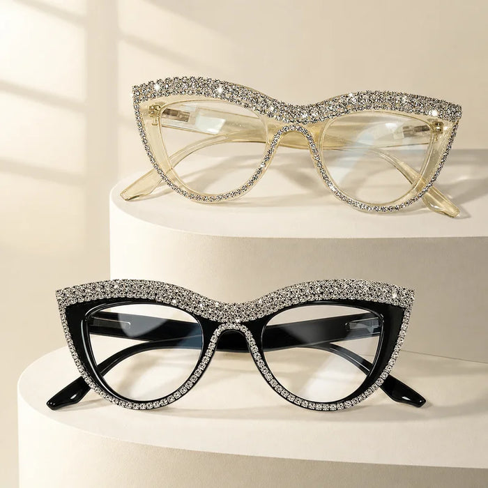 Lunettes de lecture œil-de-chat de luxe léger entièrement serties de diamants, monture en strass étincelants, tenue de soirée, lunettes décoratives