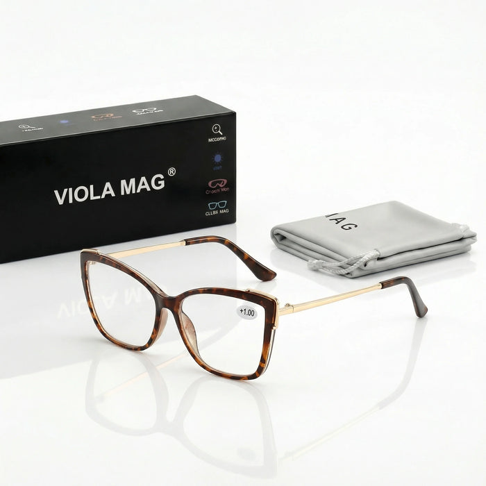 VIOLA MAG Lunettes de lecture œil de chat contrastées, branches métalliques anti-lumière bleue, pour femme, bureau, trajet quotidien
