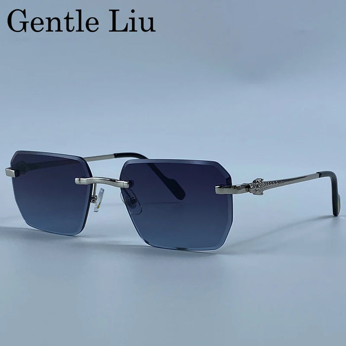 Y2K Rimless Square Sunglasses Men 2026 Luxury Vintage Punk Sun Glasses Hip Hop Metal Frame Steampunk Shades Leopard Head Eyewear