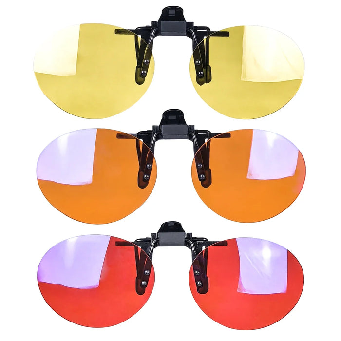 Antilentes de luz azul con clip Lentes rojos con clip para dormir mejor Lente naranja con clip para jugar o trabajar Lente amarilla polarizada para conducir