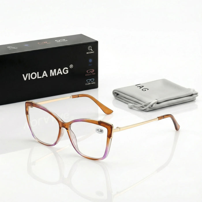 VIOLA MAG Lunettes de lecture œil de chat contrastées, branches métalliques anti-lumière bleue, pour femme, bureau, trajet quotidien