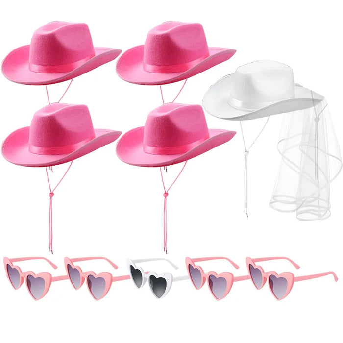 Lot de 5-12 Chapeaux de cow-girl/cowboy pour enterrement de vie de jeune fille, mariage, avec bandana en strass et lunettes en forme de cœur pour une dernière soirée disco