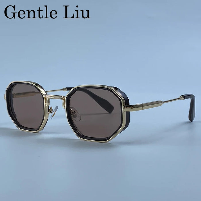 Lunettes de soleil polygonales carrées Steampunk Homme 2026, marque de luxe, monture métallique géométrique vintage, verres dégradés photochromiques