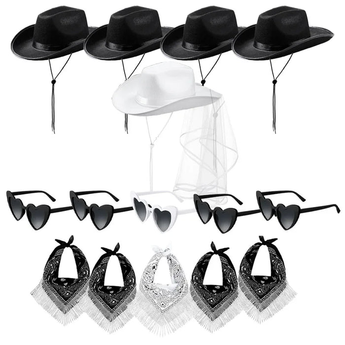 Lot de 5-12 Chapeaux de cow-girl/cowboy pour enterrement de vie de jeune fille, mariage, avec bandana en strass et lunettes en forme de cœur pour une dernière soirée disco