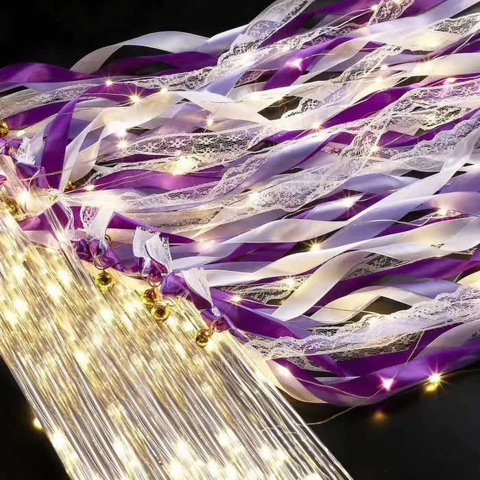 20-200Pcs Light Up Wedding Sparklers Wedding Wands Ribbon Streamers LED Silk Fairy Wands with Bells for Birthday Concert Raves