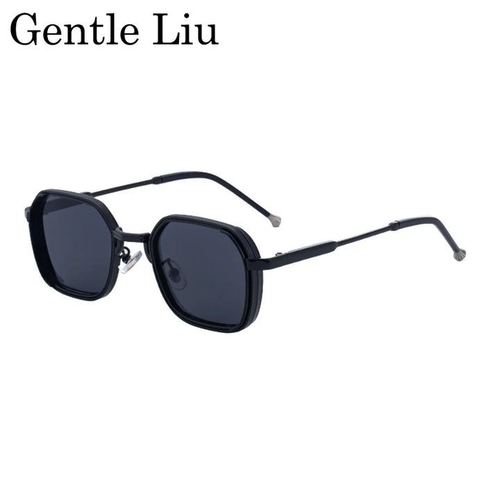 2026 Lunettes de soleil Steampunk carrées pour hommes, monture en métal polygonale, petites lunettes de soleil punk noires pour la conduite
