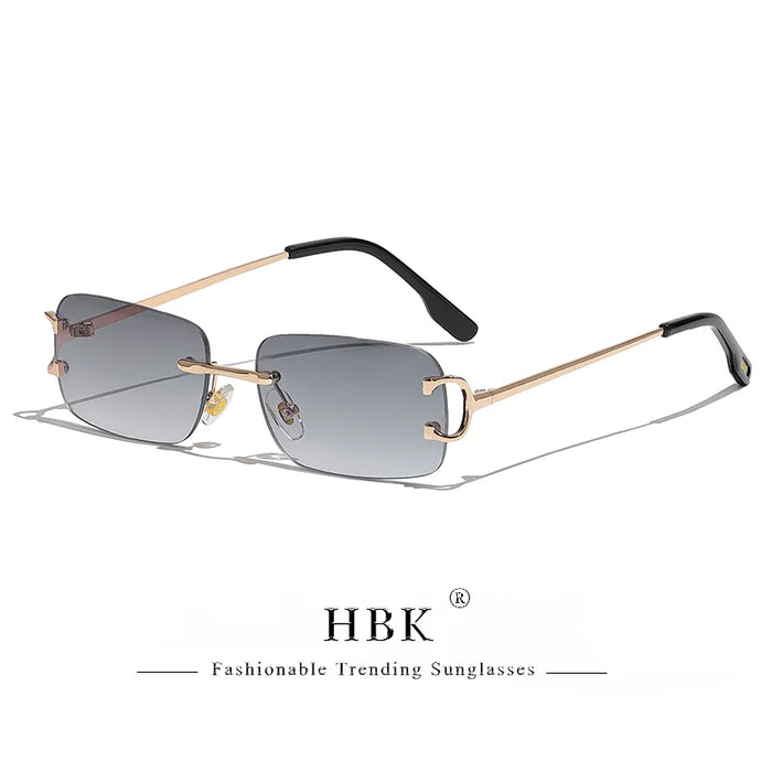 HBK Retro Rimless Small Sunglasses Women Metal Rectangle Gold Frame Brand Design Men Eyewear Driving Travel Beach Eyewear UV400