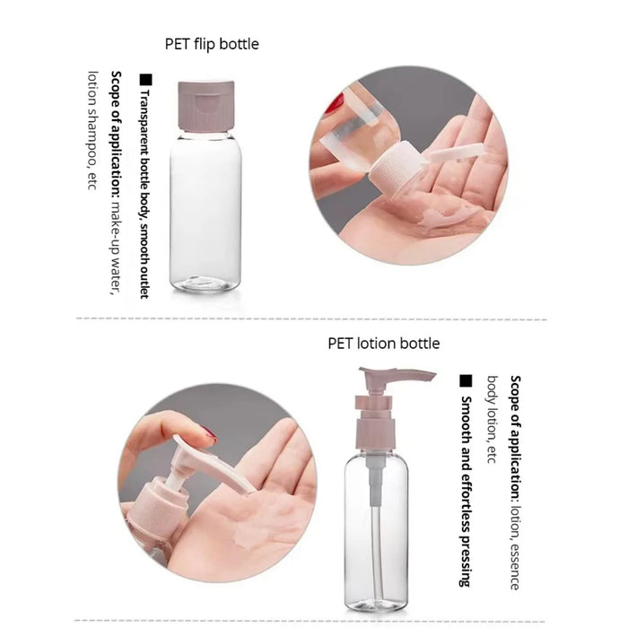 Juego de 11 botellas de viaje con bolsa de almacenamiento, recipientes de viaje vacíos para líquidos, cremas, lociones, botella pulverizadora de niebla fina, tubos exprimibles