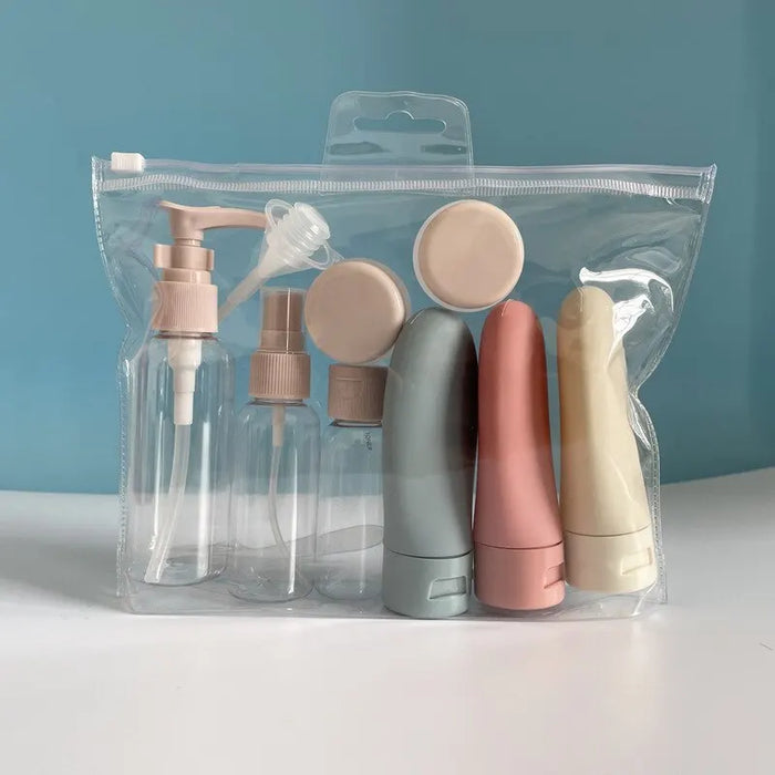 Juego de 11 botellas de viaje con bolsa de almacenamiento, recipientes de viaje vacíos para líquidos, cremas, lociones, botella pulverizadora de niebla fina, tubos exprimibles