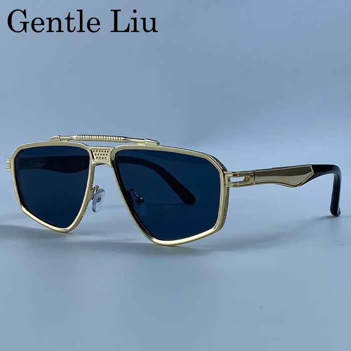 Steampunk Polygon Sunglasses Men 2026 Luxury Brand Designer Metal Frame Square Double Bridge Sun Glasses Vintage Driving Shades