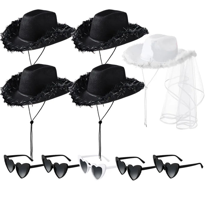 Lot de 5-12 Chapeaux de cow-girl/cowboy pour enterrement de vie de jeune fille, mariage, avec bandana en strass et lunettes en forme de cœur pour une dernière soirée disco