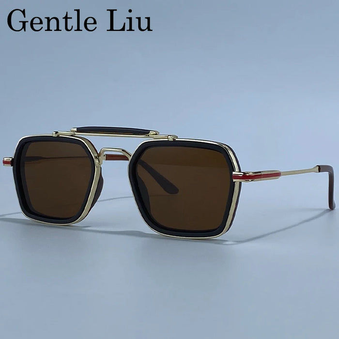 Steampunk Square Sunglasses Men 2026 Luxury Brand Polygon Metal Double Beam Sun Glasses For Male Driving Eyewear UV400 Shades
