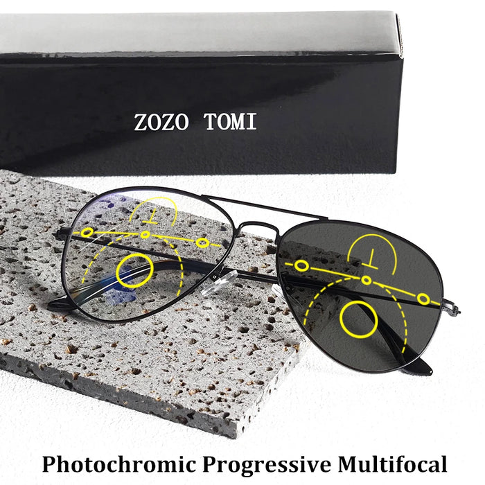 Gafas de lectura progresivas fotocromáticas multifocales clásicas tipo aviador para hombre y mujer, montura de metal, antiluz azul, para presbicia