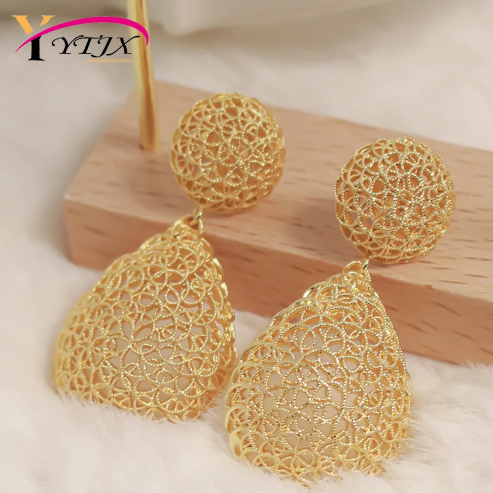 YTJX  Women's Piercing Earring  18K  Copper Gold Plated Hollow out Long Pendant Water Drop Jewelry  Accessories For Christmas