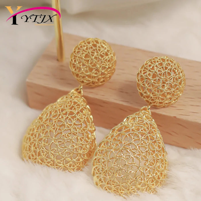 YTJX  Women's Piercing Earring  18K  Copper Gold Plated Hollow out Long Pendant Water Drop Jewelry  Accessories For Christmas