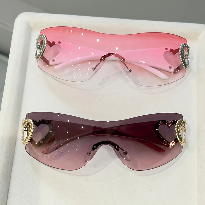 2 gafas Y2K integradas sin montura, diseño de doble corazón, versátiles para fotografía callejera diaria/viajes de mujer