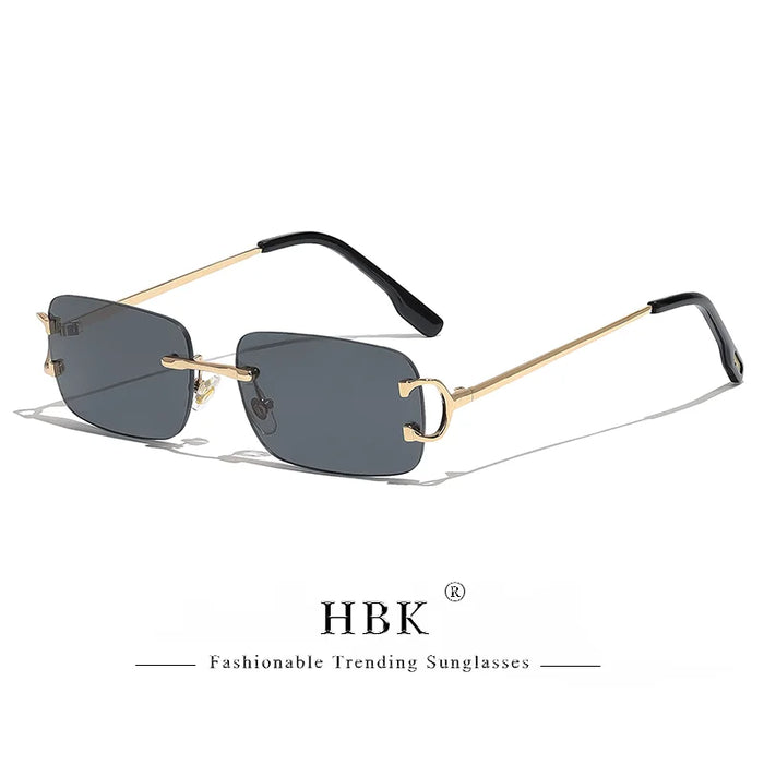 HBK Retro Rimless Small Sunglasses Women Metal Rectangle Gold Frame Brand Design Men Eyewear Driving Travel Beach Eyewear UV400