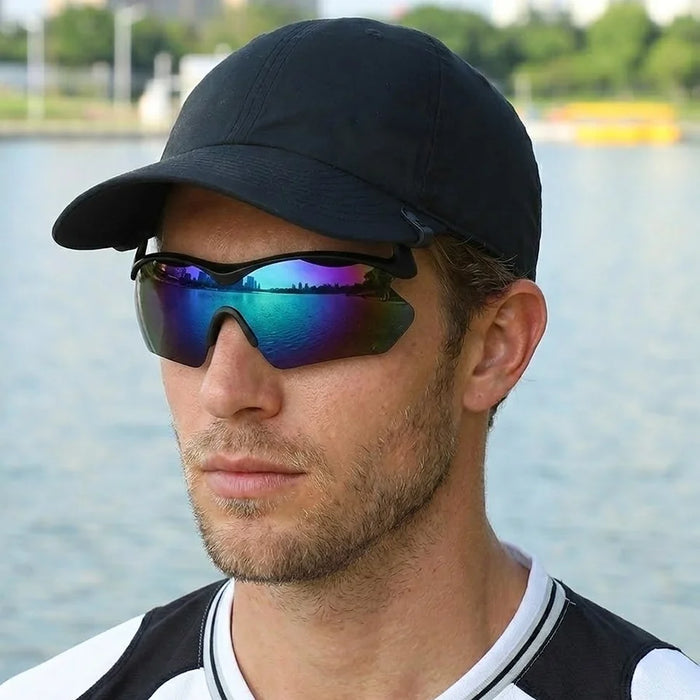 Hombres Mujeres Azules Rojas Gafas de Sol Polarizadas de Ciclismo Lentes de Espejo Borde Recortado en Sombrero Reduce la Presión del Oído Protege los Ojos Fácil de Transportar