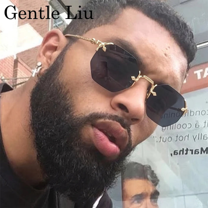 Vintage Rimless Octagon Sunglasses Men 2026 Luxury Designer Steampunk Gold Metal Frame Sun Glasses Retro Hip Hop Frameless Shade
