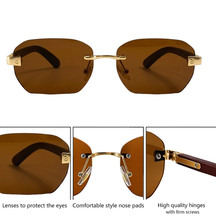 Gafas de sol pequeñas cuadradas sin montura para hombre 2026, de lujo, de diseñador, vintage, poligonales, rectangulares, con montura metálica dorada, estilo retro